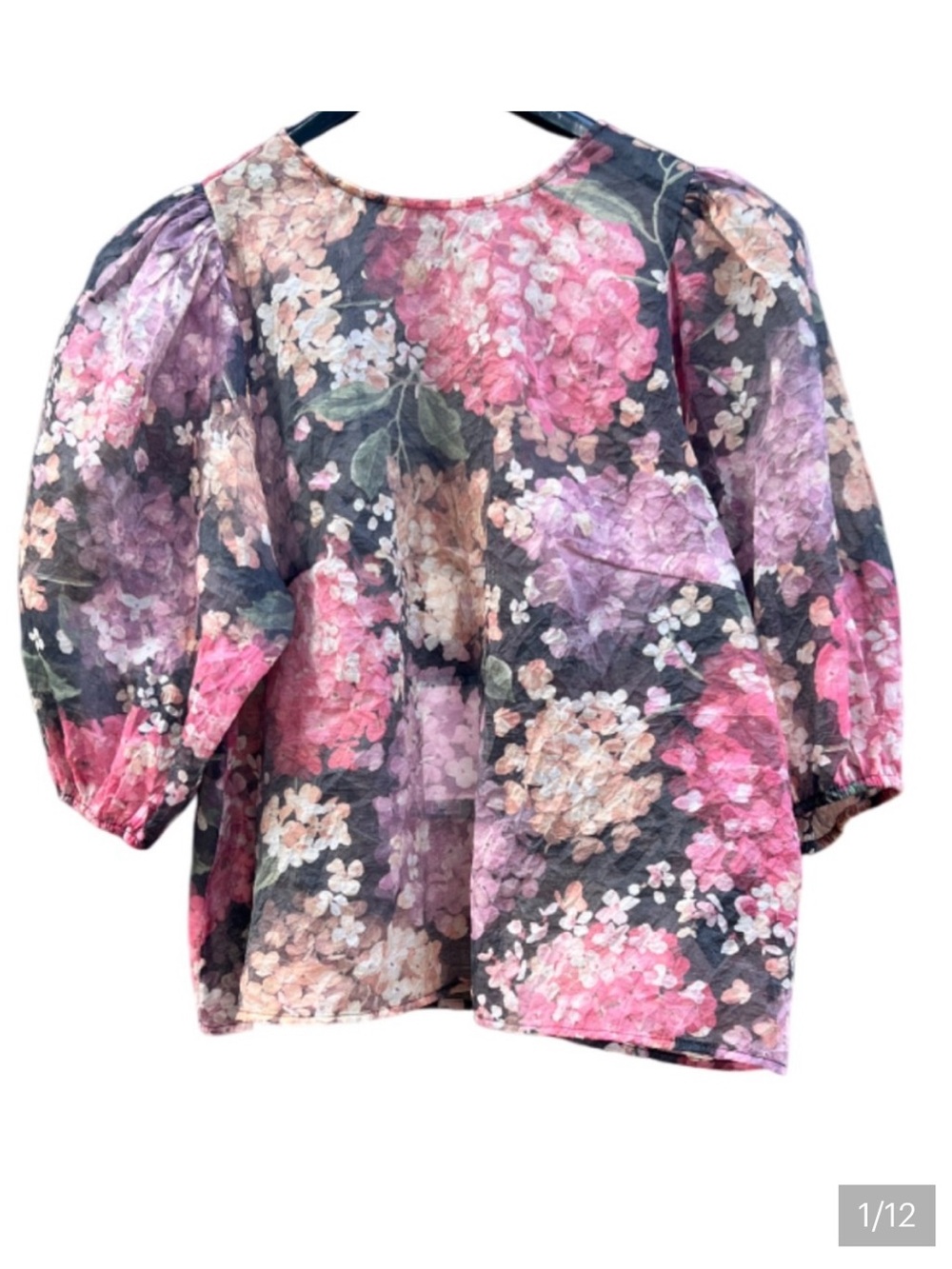 H&M NWT Puff Sleeve Top Oversized Sheer Size L Floral Print